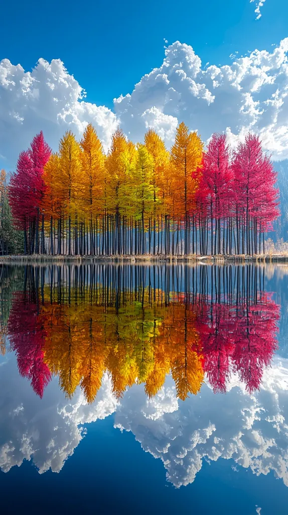 A vibrant row of trees with varying shades of red, orange, and yellow stand in a line along the edge of a still lake. The colors are reflected perfectly in the water, creating a symmetrical image of the trees and the bright blue sky dotted with white clouds above. The scene evokes feelings of tranquility and the beauty of nature's palette.