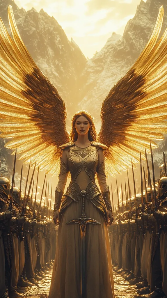 A golden-winged angel stands before an army of warriors. She is clad in golden armor and holds a sword, her gaze strong and resolute. The image is set against a backdrop of majestic mountains and a sunlit sky, giving a sense of grandeur and power. The overall tone of the image is one of strength, determination, and divine authority.