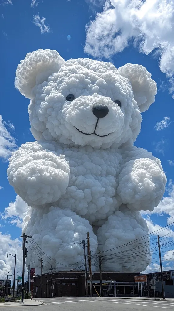 A giant teddy bear made of fluffy white clouds stands tall against a bright blue sky. The bear is smiling, with large, round eyes and a friendly face. It towers above a street lined with buildings and power lines. The clouds in the background add to the whimsical atmosphere, creating a surreal scene.