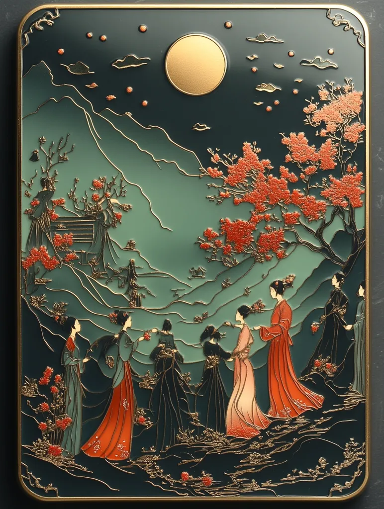 The image depicts a scene of a moonlit night with a mountain landscape. Six women in traditional clothing are walking in a line against a backdrop of a lush green mountain. The scene is enhanced with decorative elements, such as clouds, a full moon, and a blooming tree with red flowers. The metallic sheen of the artwork adds a touch of elegance and sophistication.