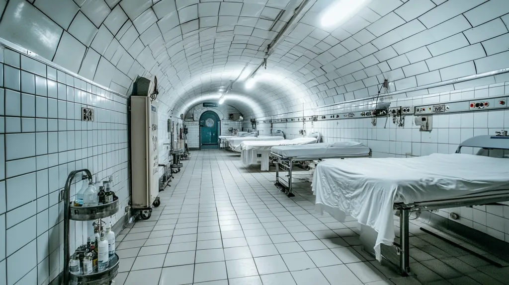 The image shows a long, narrow hallway in a hospital, lined with white tiled walls and a vaulted ceiling. There are empty hospital beds on either side of the hallway, with white sheets and metal frames. The hallway is lit by fluorescent lights and a single exit door can be seen at the end of the hallway. The overall atmosphere of the image is sterile and somewhat eerie.