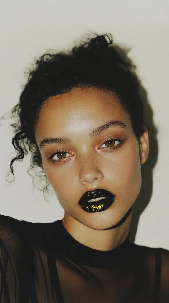 The image shows a close-up portrait of a young woman with dark curly hair. Her face is partially lit, creating shadows around her eyes. She is wearing black lipstick with gold glitter, which is the focal point of the image. Her gaze is directed slightly downward, adding a sense of mystery to the image. She is wearing a black sheer top that blends into the background.  The overall mood is both alluring and edgy.