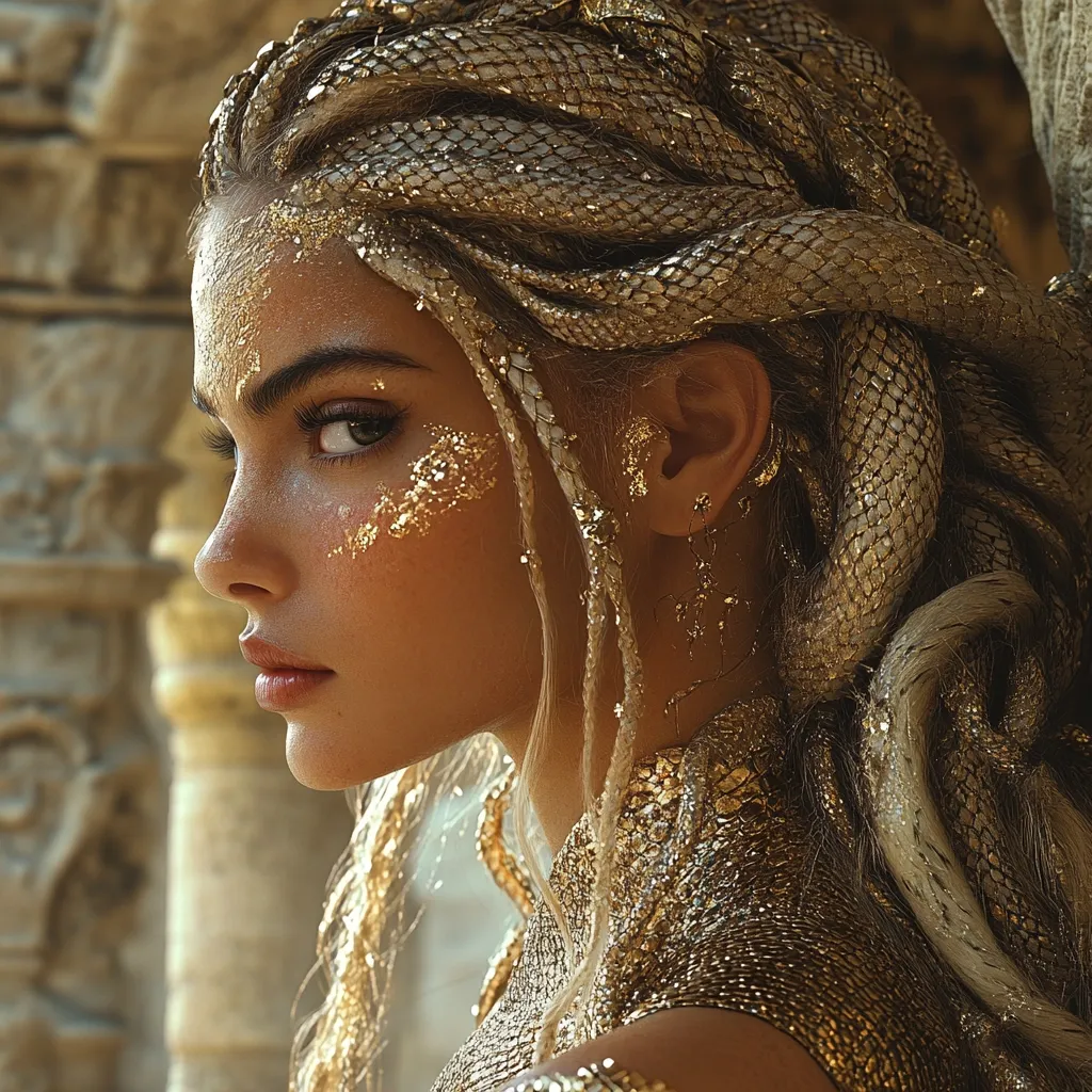 A woman with long blonde hair styled in intricate braids adorned with gold snake scales looks to the side. Her face is lightly dusted with gold glitter, and she wears a gold top with a similar texture.  The image is likely a portrait and features dramatic lighting.