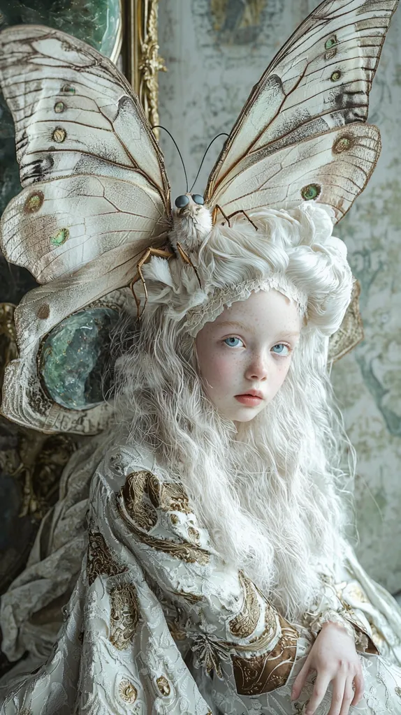 A young girl with long, flowing white hair is adorned with a large, delicate white butterfly. Her eyes are a striking blue, and she is wearing a white and gold dress with a intricate pattern. The background is a blurred image of a vintage-looking wallpaper. The image is a portrait of a young girl with an ethereal quality. The butterfly is a symbol of transformation and beauty. The girl's white hair and dress symbolize purity and innocence.  The overall effect is one of enchantment and wonder.