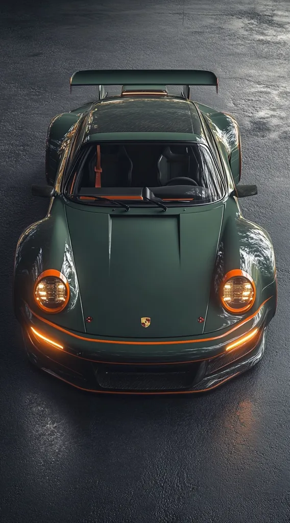 A green Porsche 911 with a black interior sits on a dark asphalt surface. The car has a rear wing, orange accents, and a classic Porsche design. The headlights are illuminated and the car is facing directly towards the viewer. The image captures the beauty and sophistication of the Porsche.  The car is a testament to German engineering and design.