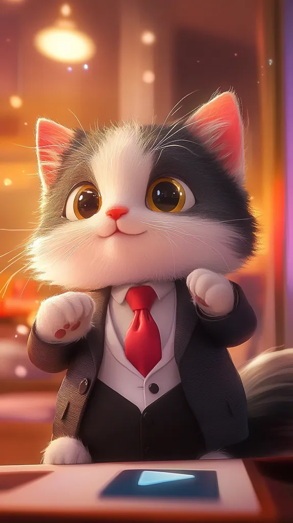 The image depicts a cartoon cat dressed in a smart black suit with a red tie. The cat has large, expressive eyes and a playful look on its face. The cat is standing on a desk, with a blue play button symbol in the foreground. The background is a warm, blurred scene with lights and a touch of magical sparkle. The overall image conveys a sense of playful sophistication and childlike charm.