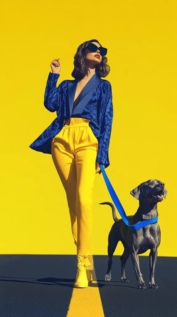 A woman in a blue blazer and yellow pants walks down a yellow street with a grey dog on a blue leash. She is wearing sunglasses and a bright red lipstick. The background is a bright yellow wall.  The image is colorful and stylish.