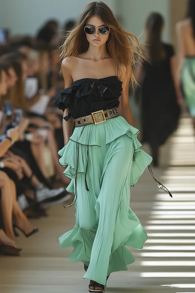 A young woman walks down a runway in a black strapless top, a wide brown belt and a flowing mint green skirt with multiple layers of ruffles. Her long blonde hair is flowing behind her and she is wearing dark sunglasses. The runway is striped and there are blurred figures of other people in the background. The model appears to be wearing sandals.
