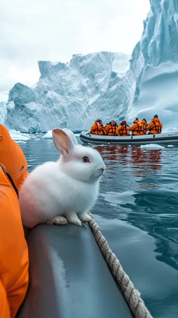 A white rabbit sits on the edge of a boat in the middle of a glacial landscape.  The water is calm, and the sky is overcast.  A group of people in orange life jackets are seen in a boat in the distance.  The scene is serene and peaceful.