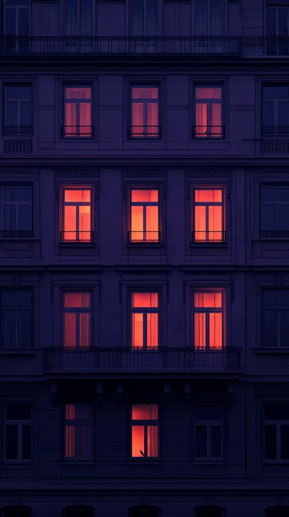 A dark, city building with multiple windows. The windows are all lit up with a warm, orange glow, suggesting the building is occupied.  The building has a dark, almost ominous look to it, but the warm light of the windows makes it feel inviting and cozy. The image has a mysterious and atmospheric feel.