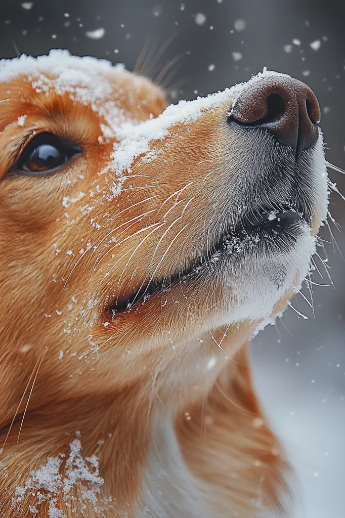 A close-up shot of a golden retriever's face covered in snowflakes. The dog is looking up, with its mouth slightly open. The image is soft and blurred, giving it a dreamy feel. The dog's fur is a rich golden color, and its whiskers are visible. The snowflakes are falling gently around the dog. The image captures the beauty of a winter day.