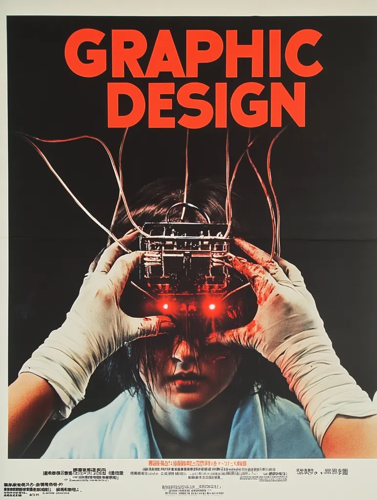 The poster is for a film called "Graphic Design." The title is in large, bold red letters. The image features a woman with a metal device attached to her head. She has blood on her hands and red glowing eyes. The poster has a dark and gritty aesthetic. It appears to be a horror film.