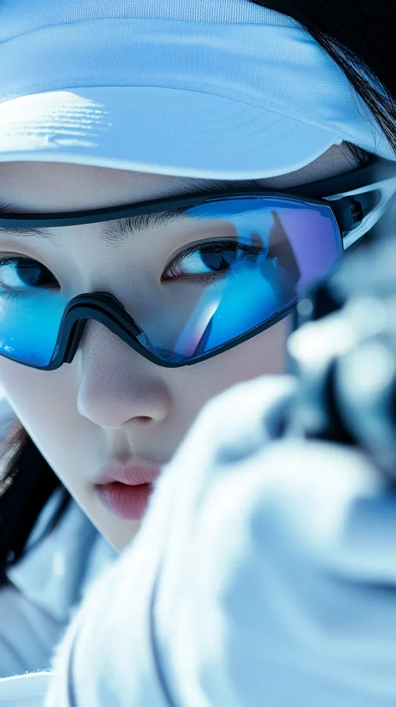 A woman with dark hair is wearing a white visor and blue tinted goggles. She is focusing intensely on something out of frame. The focus is on her eyes and the reflection in the goggles. The image has a cold, blue tone.