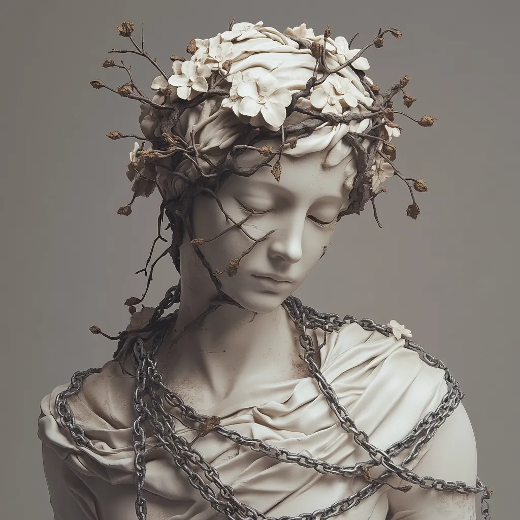 A marble bust of a woman with her eyes closed, adorned with a crown of withered flowers and branches. The bust is wrapped in chains, creating a sense of both beauty and confinement. The pale color scheme and the woman's sorrowful expression evoke a feeling of melancholy and fragility.