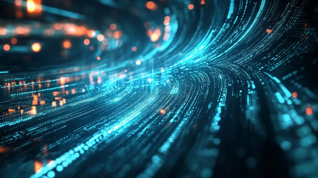A digital abstract background features a swirling vortex of light, with blue particles forming lines that converge in the distance. The background is dark, with a few orange-red lights visible. The image evokes a sense of speed, movement, and data flow.