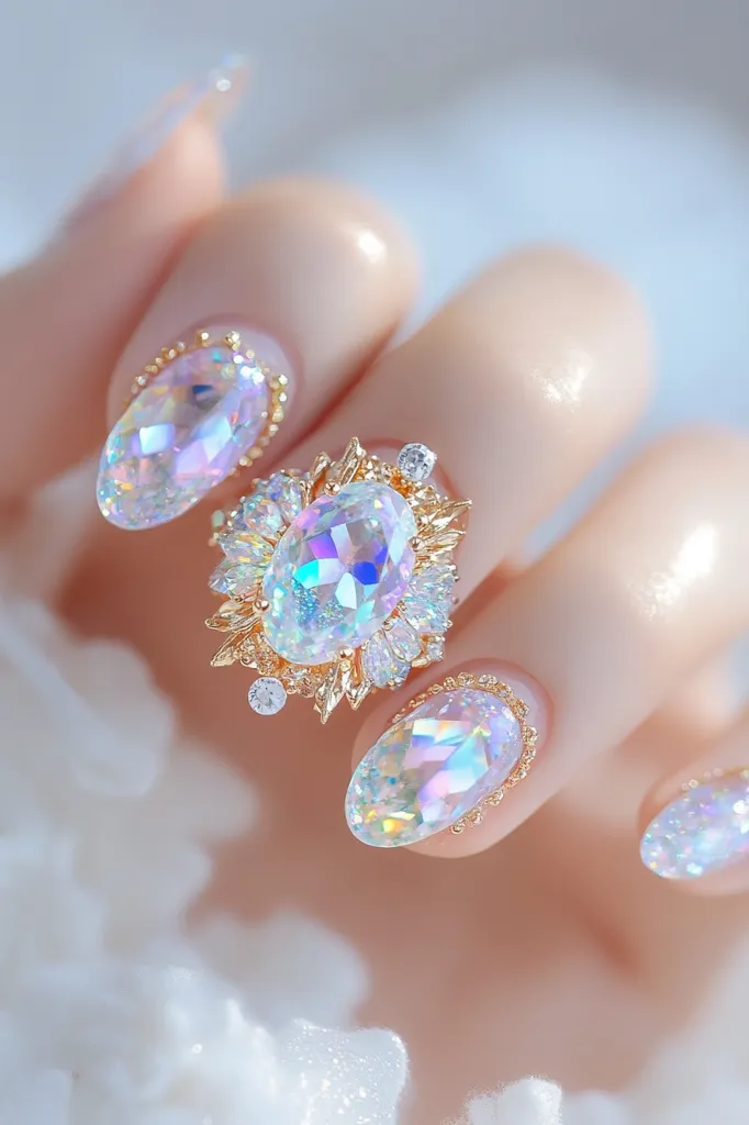 A hand with manicured nails adorned with iridescent gems and gold accents. The large oval gem is surrounded by a delicate gold frame and smaller crystals, while the other nails feature smaller gems with intricate designs. The overall effect is glamorous and ethereal, creating a luxurious and captivating look.