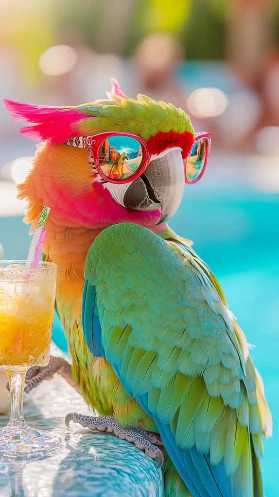 A parrot, sporting a pair of red sunglasses, sits on a patio table next to a glass of orange juice. Its colorful feathers are a vibrant mix of green, blue, and pink. The parrot’s beak is slightly open, as if it is about to take a sip of its refreshing beverage. The background is blurred, showcasing a pool and lush greenery.  The scene captures a moment of leisure and summery fun.