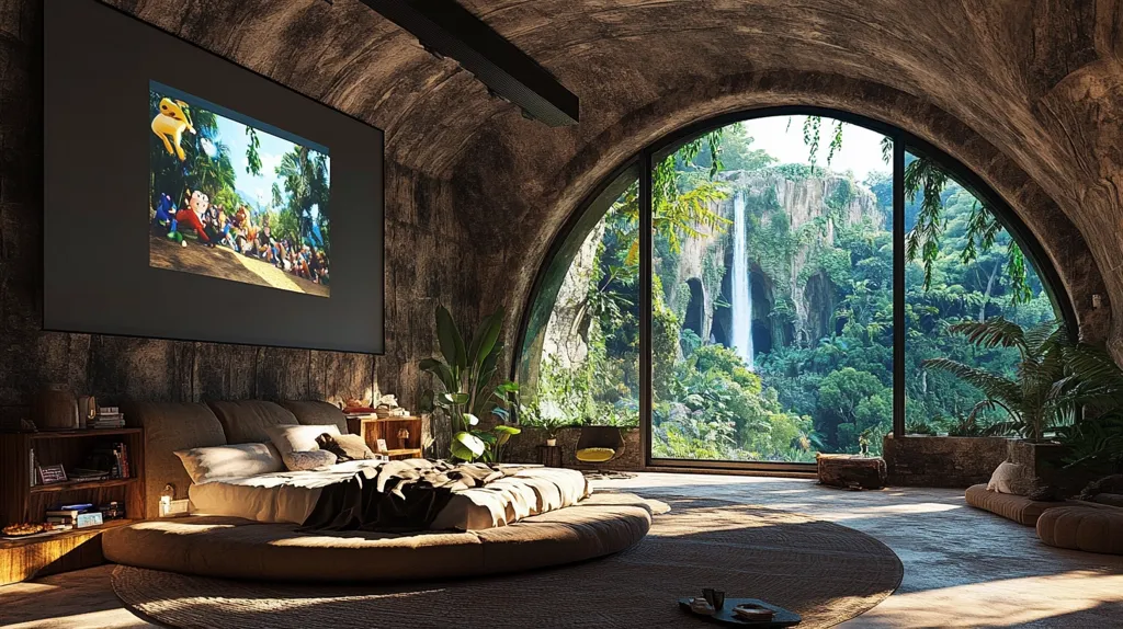 A luxurious bedroom with a large circular bed, a projector screen playing a cartoon, and a breathtaking view of a waterfall through an arched window. The room is decorated with natural elements, such as plants and stone, giving it a cozy and inviting atmosphere. The large window frames the view, making it feel like the nature is part of the room. The lighting is warm and inviting, creating a sense of tranquility and relaxation.