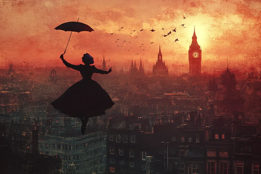 A woman in a long dress and hat flies with an umbrella over a cityscape at sunset.  The iconic clock tower of Big Ben is visible in the background, along with a flock of birds flying overhead.  The scene is reminiscent of a whimsical fairytale, with the woman appearing to float above the rooftops.  The warm, orange glow of the setting sun creates a sense of magic and wonder.