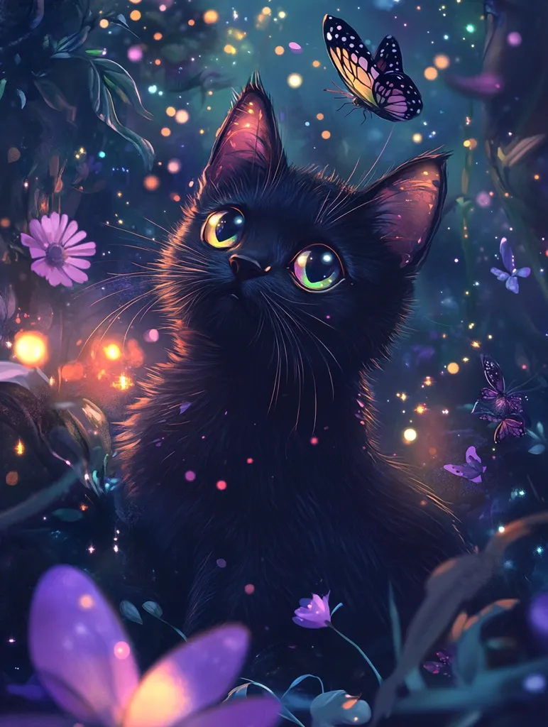 A black cat with large, green eyes sits in a magical garden filled with purple flowers and glowing lights. A butterfly hovers above the cat's head, adding to the whimsical atmosphere. The scene is bathed in a soft, ethereal glow, creating a sense of wonder and enchantment.