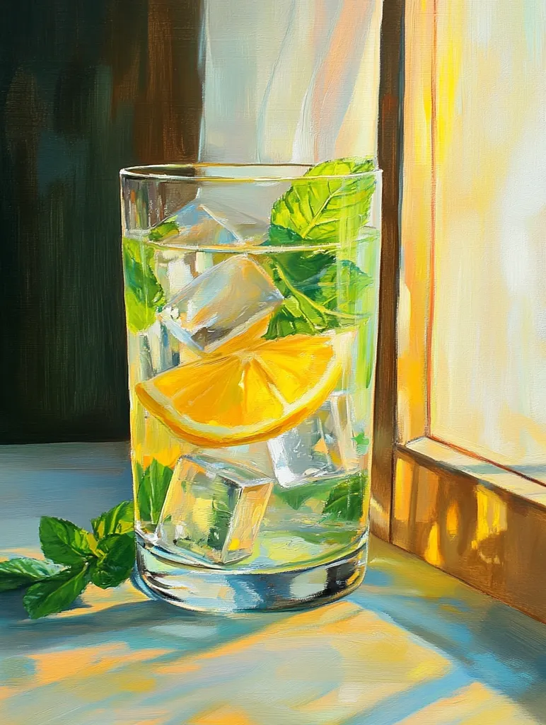 A glass of lemonade sits on a table in a sunlit room. The glass is filled with ice cubes, a slice of lemon, and sprigs of mint. The light streams through a window behind the glass, casting a warm glow on the scene. The image is painted in a realistic style with vibrant colors.