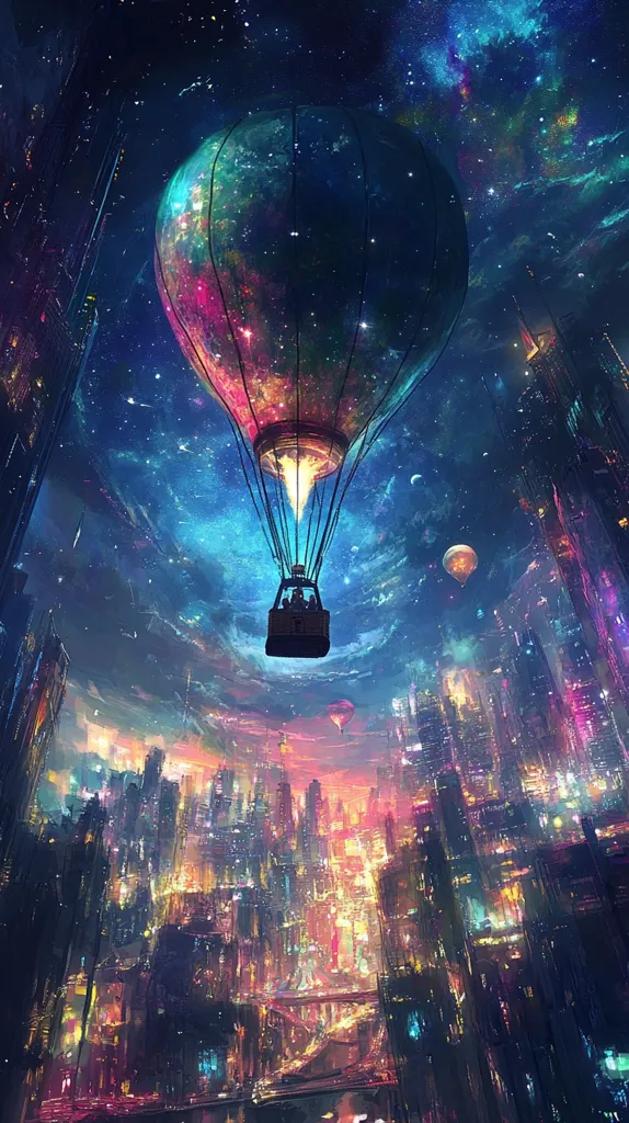 A hot air balloon with a galaxy-like pattern floats in the sky above a futuristic city. The balloon is carrying two passengers and the sky is full of stars. The city lights are bright and the scene is magical and dreamy. The image is filled with vibrant colors and creates a sense of wonder and possibility.