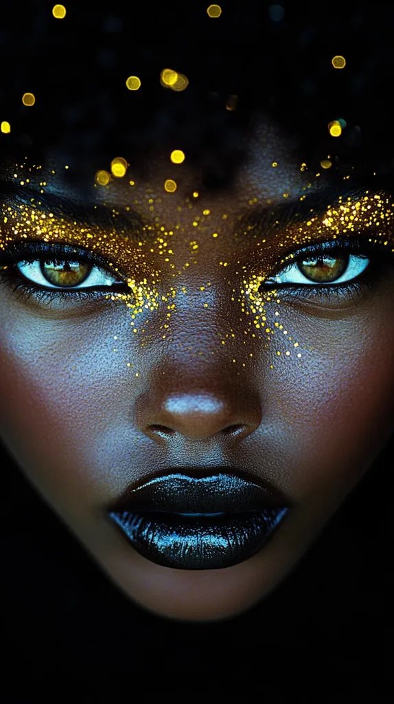 A close-up of a woman's face. She has dark skin and her eyes are highlighted with gold glitter. Her lips are a deep black, and her face is illuminated by soft, warm light. The image evokes a sense of mystery and allure.