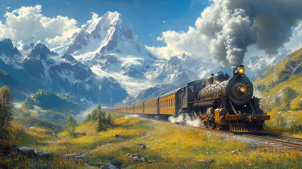 A vintage steam train chugs through a picturesque valley, billowing smoke against a backdrop of snow-capped mountains. The train, with its weathered brown carriages, appears small against the vastness of the natural landscape. Lush greenery and wildflowers carpet the valley floor, highlighting the contrast between nature and human ingenuity. The scene evokes a sense of journey and exploration in a stunning natural environment.