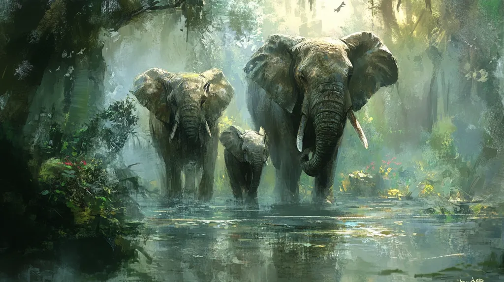 A family of three elephants walks through a misty jungle, their forms barely visible through the dense foliage. The largest elephant leads the way, its trunk raised high, while a younger elephant follows closely behind. The scene is painted in soft, muted tones, with a sense of peace and tranquility. The elephants are surrounded by lush greenery, and the air is thick with moisture. The image evokes a sense of wonder and awe at the beauty of the natural world.