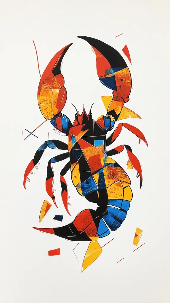 The image is a stylized depiction of a scorpion in a bold, geometric style. The scorpion is rendered in vibrant colors, with a black outline and filled in with a patchwork of red, yellow, and blue shapes. It appears to be poised in mid-air, its tail raised high, adding a sense of movement to the design. The simple white background allows the colors and shapes of the scorpion to stand out prominently. The image has a playful and modern feel, reflecting a contemporary approach to art and design.