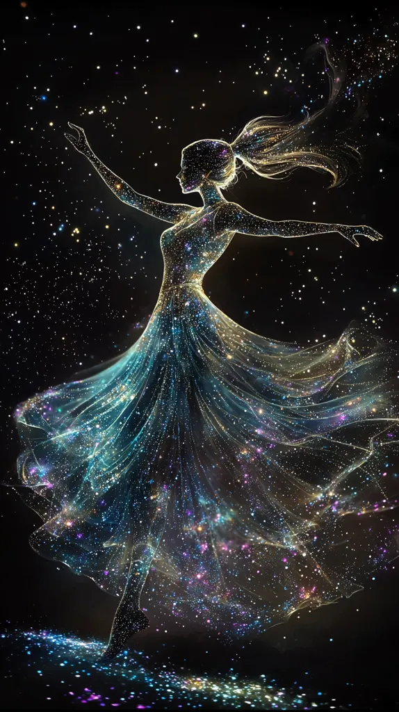 The image depicts a woman in a flowing, shimmering dress.  The dress is made of thousands of tiny twinkling lights, creating the effect of a starry night sky.  She is dancing gracefully against a backdrop of actual stars, with her hair flowing behind her. The overall effect is ethereal and magical, suggesting a connection between the woman and the cosmos.