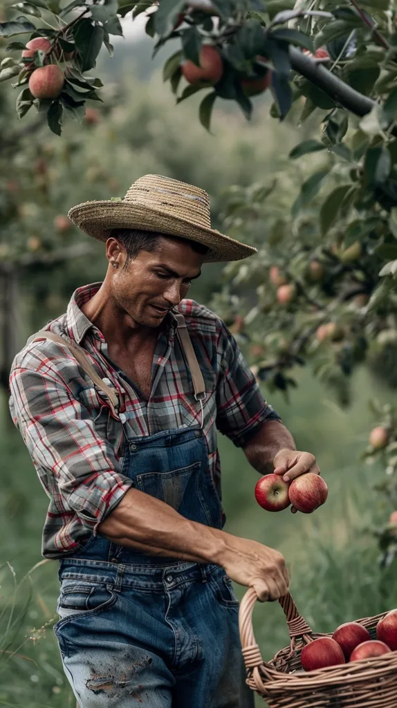 A man wearing a straw hat, plaid shirt, and denim overalls stands in an apple orchard. He holds two apples in one hand and a basket filled with apples in the other. Lush green foliage and ripe red apples surround him, creating a rustic and idyllic scene. The man's focus is on the apples, suggesting he's enjoying the fruits of his labor.
