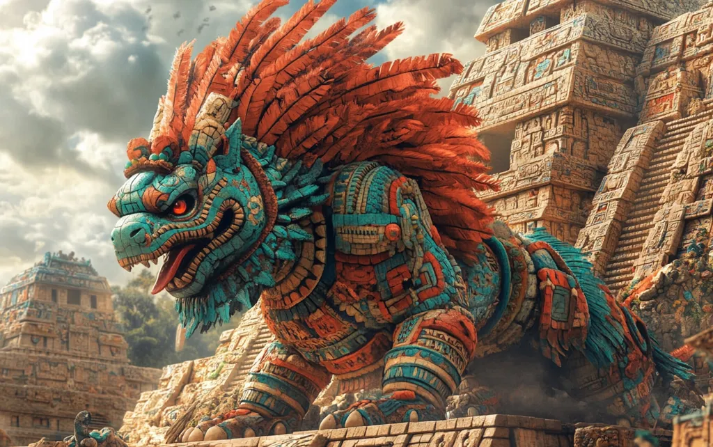 A large, ornate, and fierce-looking, mythical creature made of stone, adorned with red feathers, sits atop an ancient, intricately carved stone pyramid. The creature's face is fierce, with sharp teeth and glowing red eyes. It seems to be guarding the pyramid, its presence both imposing and awe-inspiring. The background is filled with other, smaller pyramids, creating a scene of ancient and mysterious power.  The sky is overcast, adding to the mood of mystery and wonder.