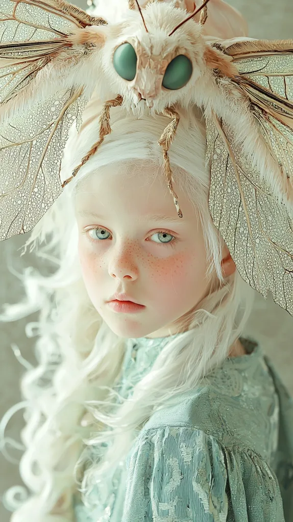 A young girl with long, white hair is wearing a light green dress. A large white moth with green eyes sits on her head. The moth's wings are delicate and translucent, like lace. The girl has fair skin and large, blue eyes. She looks at the camera with a serious expression. The image is soft and ethereal, with a dreamlike quality.