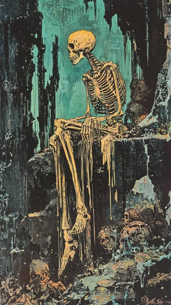 A skeletal figure sits perched on a rock ledge, its bony limbs dangling down. The skeletal form is yellow and intricate, against a dark and ominous background. The background is a mixture of black, green, and blue, giving the impression of a dark and decaying cavern. There are other skeletal figures in the background, adding to the haunting atmosphere of the artwork. The image is full of decay and desolation, with the skeletal figure appearing to be both observing and contemplating the scene.