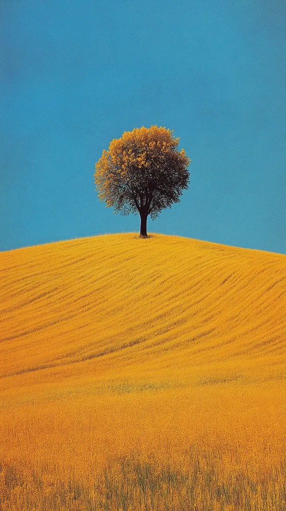 A lone tree stands tall on a rolling hill covered in a golden field of wildflowers. The sky above is a brilliant blue, providing a stark contrast to the warm colors below. The image evokes a sense of peace and solitude.