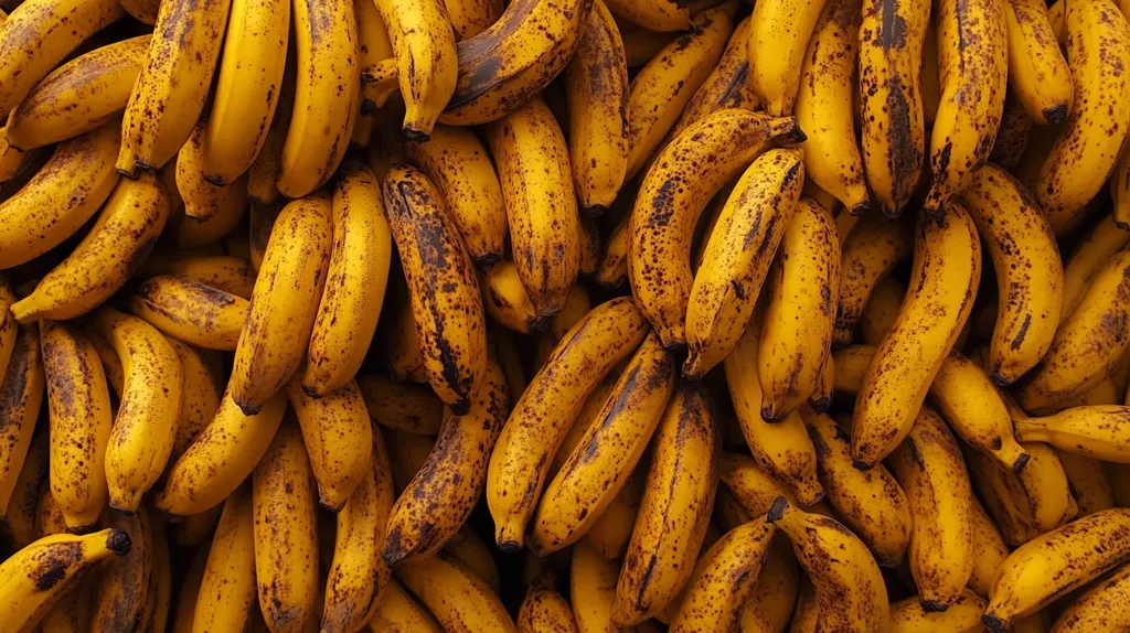 A close-up shot of a bunch of ripe bananas. The bananas are yellow and spotted with brown. The bananas are arranged in a random pattern, creating a chaotic but appealing texture. The lighting is bright, highlighting the details of the bananas.