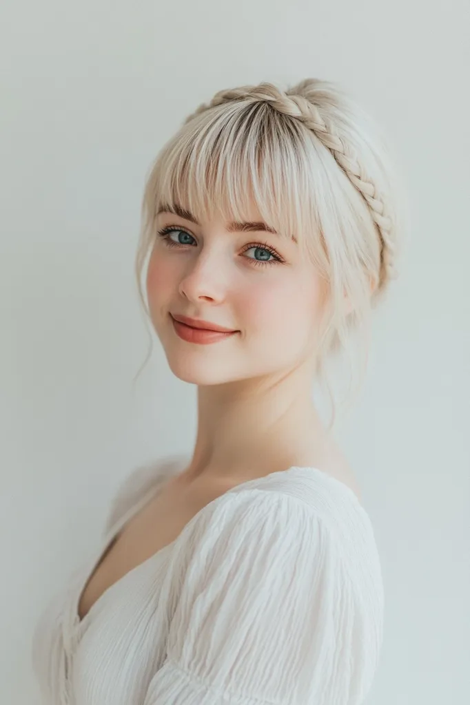 A young woman with long, platinum blonde hair, styled with a braided crown, smiles softly at the camera. Her blue eyes sparkle, and her skin is flawless. She wears a white, flowing dress that accentuates her delicate features. The background is a simple white wall, highlighting the subject's beauty. The overall image exudes an air of elegance and innocence.
