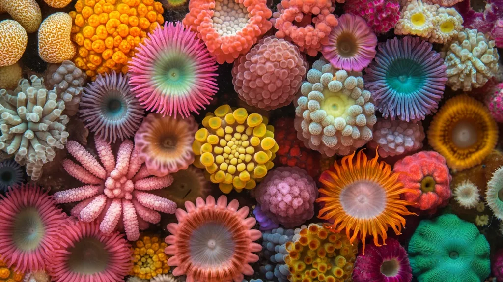 A vibrant close-up of a coral reef. An explosion of colors and textures fill the frame, with various shapes and sizes of coral polyps blooming like flowers. The polyps are pink, orange, yellow, blue, green, and white, creating a stunning visual display of life underwater. The intricate details of each polyp are highlighted, revealing the beauty and complexity of marine life.