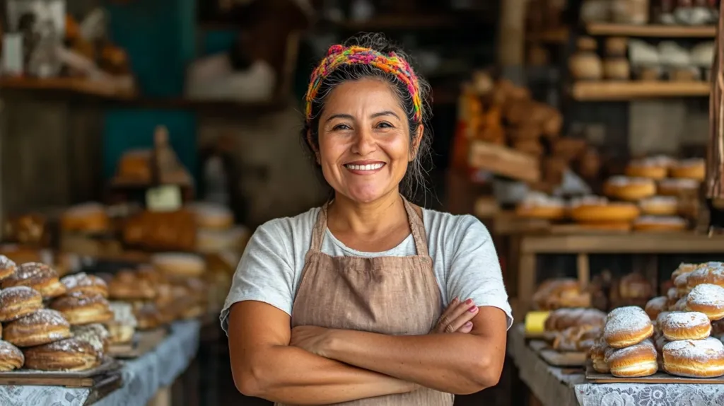 A woman with a colorful headband smiles brightly, standing in a bakery with shelves of pastries and baked goods behind her. She's wearing a white t-shirt and a tan apron, arms crossed, with a confident and friendly expression. The warm lighting and the abundance of pastries create a inviting atmosphere.