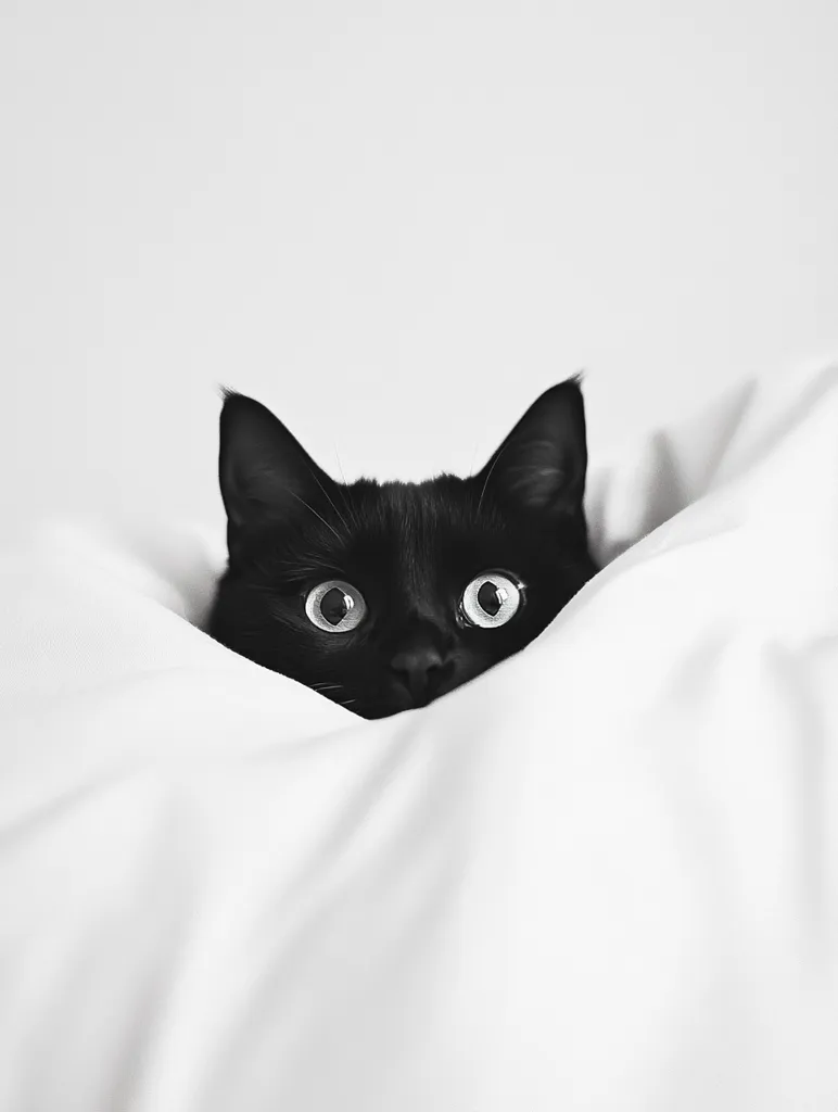 A black cat peeks out from under a white sheet, its large, round eyes staring directly at the camera. The cat's fur is a stark contrast to the white bedding, creating a dramatic effect. The image is in black and white, emphasizing the cat's features.