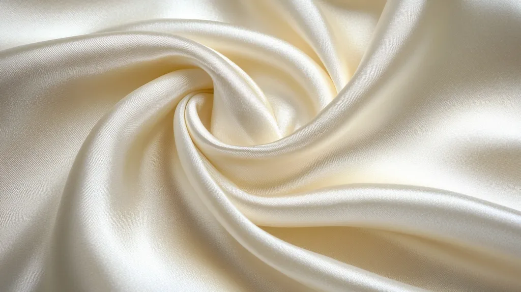 The image shows a close-up of a smooth, cream-colored satin fabric. The fabric is draped and folded, creating soft, flowing curves and folds. The satin's glossy surface reflects the light, highlighting its texture and luxurious feel. The image evokes a sense of elegance, sophistication, and luxury.