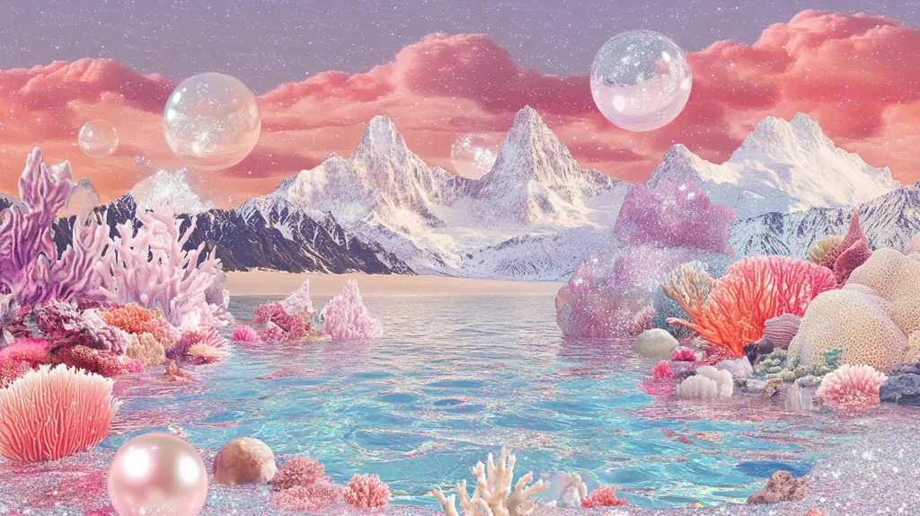 A dreamy landscape with snowy mountains and a turquoise sea. The sky is a soft pink with glittery clouds. Coral reefs and a large pearl decorate the foreground, adding a whimsical touch. Bubbles float in the sky, further enhancing the surreal atmosphere.  The image is dominated by pastel colors and a shimmering, sparkling effect.