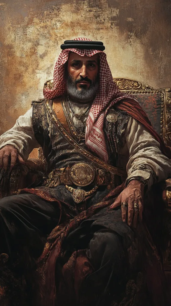A man in traditional Middle Eastern clothing sits in a richly ornamented chair, his hands resting on his lap. He wears a red and white checkered headdress, a long black robe adorned with intricate gold embellishments, and a thick beard. The background is a textured, earthy brown, giving the impression of a portrait painting.  The man's stoic expression and luxurious attire suggest he is a person of great importance and authority.