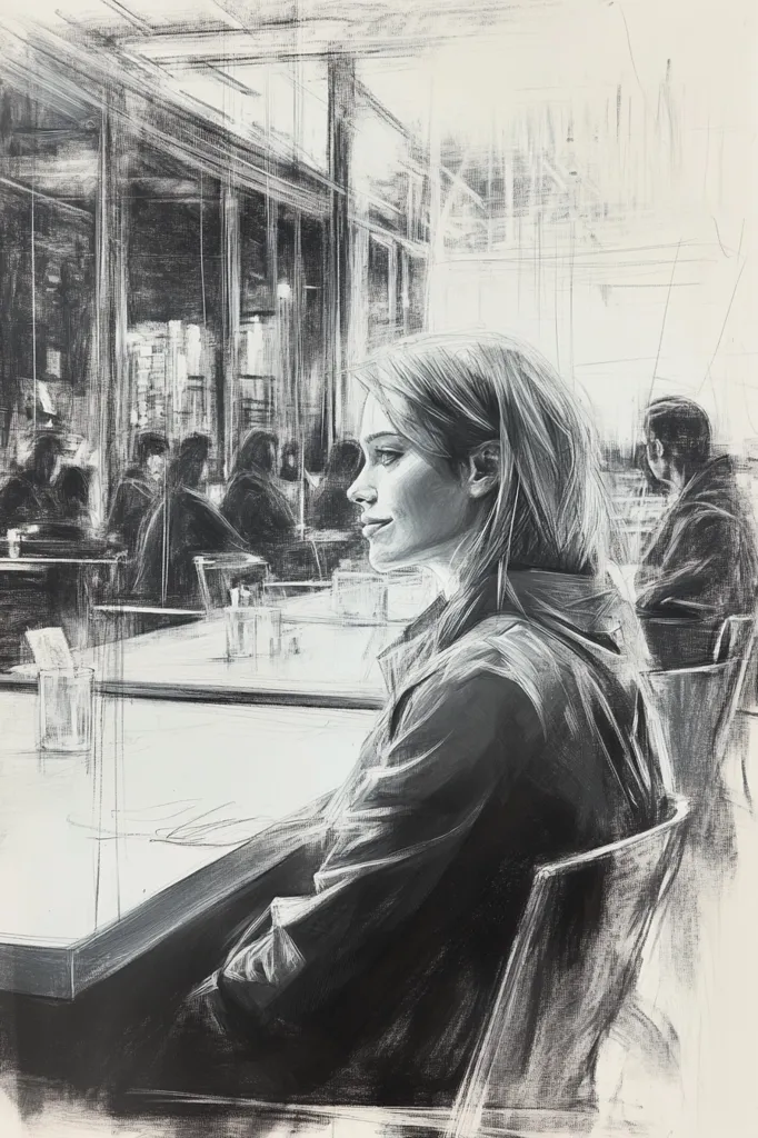 A black and white drawing of a woman sitting at a table in a cafe. The woman is looking to the right, her hair is long and straight, and she is wearing a jacket. The cafe is busy, with other people sitting at tables in the background. The drawing is done in a realistic style, with a focus on the woman's face and expression. The overall tone of the drawing is calm and contemplative.