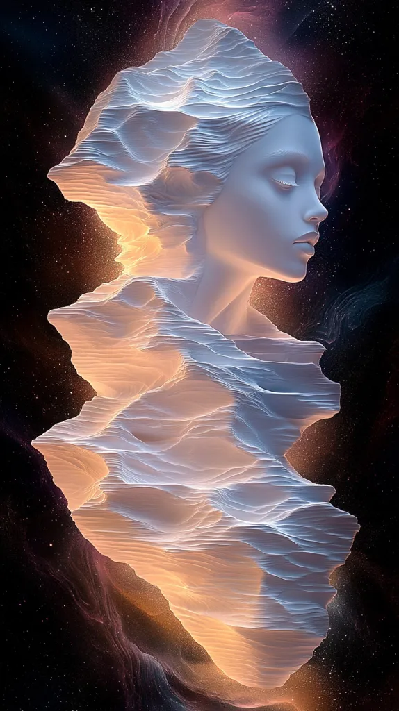 A white, sculpted figure of a woman's head and shoulders is set against a dark, starry background. The figure is composed of layered, undulating lines, giving it a sense of fluidity and movement. The woman's face is serene, her eyes closed, and her lips slightly parted. The background is filled with small, twinkling stars, creating a sense of depth and mystery. The overall effect is one of ethereal beauty and quiet contemplation.