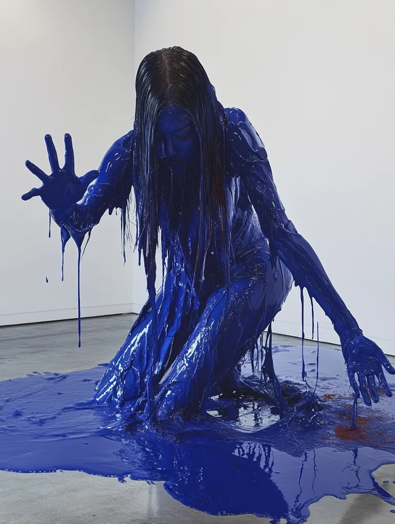 A woman is covered in blue paint, dripping onto the floor. She kneels with her head down, her long hair obscuring her face. The blue paint flows around her like a wave, creating a dramatic and unsettling scene. The image is both visually striking and emotionally evocative, leaving the viewer to wonder about the woman's story.