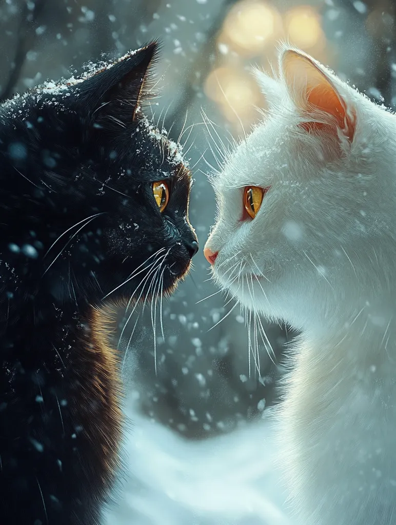 Two cats, one black and one white, are facing each other in a snowy setting. The black cat has yellow eyes and a dusting of snow on its fur. The white cat has large, pointed ears and bright yellow eyes. The background is blurred and features falling snow. Both cats have a look of intensity and curiosity in their eyes.  The image suggests a contrast of light and dark, and perhaps a sense of mystery or intrigue.