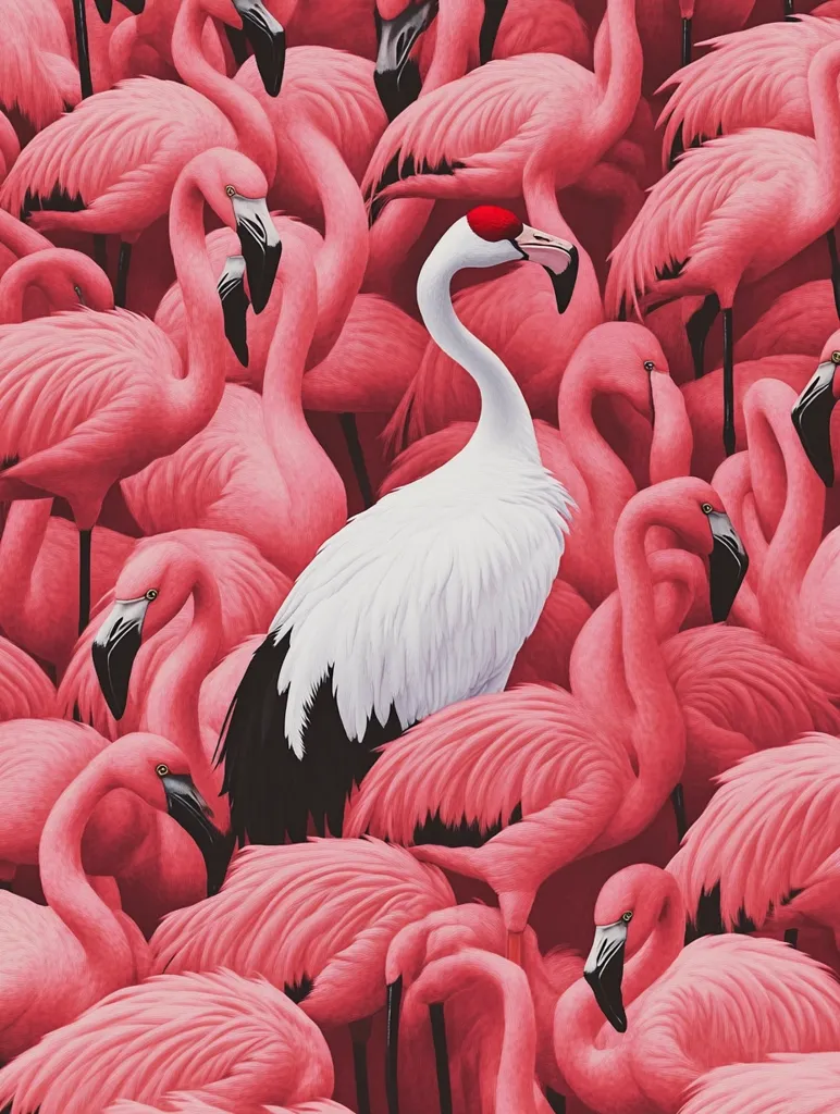 A single white crane stands out amongst a sea of pink flamingos. The crane's white feathers and black wingtips create a stark contrast against the vibrant pink plumage of the flamingos. The flamingos are arranged in a dense, overlapping cluster, creating a sense of both beauty and chaos. The image invites the viewer to contemplate the concept of individuality and the power of standing out from the crowd.