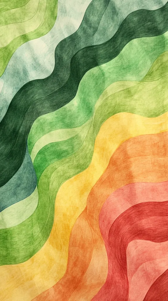 The image is an abstract watercolor painting with a colorful design.  The background is a muted blue-grey and transitions into a rainbow color scheme of green, yellow, orange, red, and pink.  The colors are bold and vibrant with a wavy, flowing design, creating a sense of movement. The overall effect is peaceful and serene.